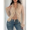 image:imageMakeMeChic Womens Faux Fur Fuzzy Long Sleeve Top Mesh Lace Open Front Y2K Tee ShirtsKhaki
