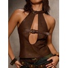 image:imageMakeMeChic Womens Faux Leather Halter Tops Open Back Buckle Cut Out Sleeveless Y2k TankMocha Brown