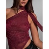 image:imageMakeMeChic Womens Floral Lace One Shoulder Tank Top Ruched Sleeveless Y2k Tops with ScarfDark Red N