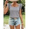 image:imageMakeMeChic Womens Gingham Top Summer Ruffle Flying Sleeve Square Neck Linen Cute Plaid Blouse ShirtsBlack and White