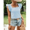 image:imageMakeMeChic Womens Gingham Top Summer Ruffle Flying Sleeve Square Neck Linen Cute Plaid Blouse ShirtsBlue