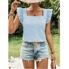 image:imageMakeMeChic Womens Gingham Top Summer Ruffle Flying Sleeve Square Neck Linen Cute Plaid Blouse ShirtsBlue