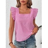 image:imageMakeMeChic Womens Gingham Top Summer Ruffle Flying Sleeve Square Neck Linen Cute Plaid Blouse ShirtsPink