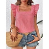 image:imageMakeMeChic Womens Gingham Top Summer Ruffle Flying Sleeve Square Neck Linen Cute Plaid Blouse ShirtsRed and White