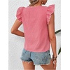 image:imageMakeMeChic Womens Gingham Top Summer Ruffle Flying Sleeve Square Neck Linen Cute Plaid Blouse ShirtsRed and White