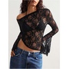 image:imageMakeMeChic Womens Lace Asymmetrical Top Vacation Sheer Coverup Y2k Floral Bell Sleeve T ShirtBlack