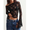image:imageMakeMeChic Womens Lace Asymmetrical Top Vacation Sheer Coverup Y2k Floral Bell Sleeve T ShirtBlack
