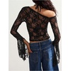 image:imageMakeMeChic Womens Lace Asymmetrical Top Vacation Sheer Coverup Y2k Floral Bell Sleeve T ShirtBlack