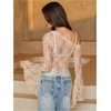 image:imageMakeMeChic Womens Lace Asymmetrical Top Vacation Sheer Coverup Y2k Floral Bell Sleeve T ShirtWhite