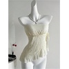 image:imageMakeMeChic Womens Lace Strapless Tube Asymmetrical Ruffle Bandeau Y2k Summer Crop TopsApricot