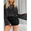 image:imageMakeMeChic Womens Mesh Sheer Bell Sleeve T Shirt Sparkly Lettuce Trim Y2k Tee TopsBlack