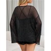 image:imageMakeMeChic Womens Mesh Sheer Bell Sleeve T Shirt Sparkly Lettuce Trim Y2k Tee TopsBlack