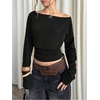 image:imageMakeMeChic Womens Off The Shoulder Tops Y2k Long Sleeve Cinched Waist Knit Going Out TopBlack