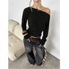 image:imageMakeMeChic Womens Off The Shoulder Tops Y2k Long Sleeve Cinched Waist Knit Going Out TopBlack