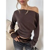 image:imageMakeMeChic Womens Off The Shoulder Tops Y2k Long Sleeve Cinched Waist Knit Going Out TopCoffee Brown