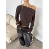 image:imageMakeMeChic Womens Off The Shoulder Tops Y2k Long Sleeve Cinched Waist Knit Going Out TopCoffee Brown