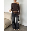 image:imageMakeMeChic Womens Off The Shoulder Tops Y2k Long Sleeve Cinched Waist Knit Going Out TopCoffee Brown