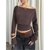 image:imageMakeMeChic Womens Off The Shoulder Tops Y2k Long Sleeve Cinched Waist Knit Going Out TopCoffee Brown