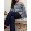 image:imageMakeMeChic Womens Plaid Off The Shoulder Poncho Top Long Sleeve Going Out Tops with ScarfBlue