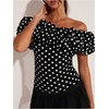 image:imageMakeMeChic Womens Polka Dots Blouse Off The Shoulder Ruffle Trim Short Sleeve Dressy Shirt TopBlack and White