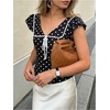 image:imageMakeMeChic Womens Polka Dots V Neck Blouse Ruffle Sleeve Bow Tie Summer TopsBlack