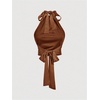 image:imageMakeMeChic Womens Satin Sleeveless Halter Top Tie Open Back Ruched Crop TopsMocha Brown
