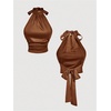 image:imageMakeMeChic Womens Satin Sleeveless Halter Top Tie Open Back Ruched Crop TopsMocha Brown