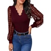 image:imageMakeMeChic Womens Sheer Mesh Puff Long Sleeve Shirts Going Out Tops Dressy Casual Work BlouseBurgundy