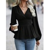image:imageMakeMeChic Womens Wrap V Neck Peplum Tops Stretchy Ruched Ruffle Business Casual Dressy Blouse ShirtsBlack