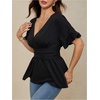image:imageMakeMeChic Womens Wrap V Neck Peplum Tops Stretchy Ruched Ruffle Business Casual Dressy Blouse ShirtsBlack B