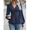 image:imageMakeMeChic Womens Wrap V Neck Peplum Tops Stretchy Ruched Ruffle Business Casual Dressy Blouse ShirtsBlue