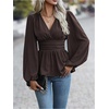 image:imageMakeMeChic Womens Wrap V Neck Peplum Tops Stretchy Ruched Ruffle Business Casual Dressy Blouse ShirtsCoffee Brown