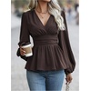 image:imageMakeMeChic Womens Wrap V Neck Peplum Tops Stretchy Ruched Ruffle Business Casual Dressy Blouse ShirtsCoffee Brown