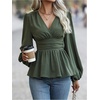 image:imageMakeMeChic Womens Wrap V Neck Peplum Tops Stretchy Ruched Ruffle Business Casual Dressy Blouse ShirtsGreen