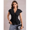 image:imageMakeMeChic Womens Y2K Summer Pleated Tie Front Tank Top Cap Sleeve V Neck Shirt TopsBlack