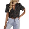 image:imageMakeMeChic Womens Boho Floral Lace V Neck Blouse Tie Front Short Sleeve Crop TopsBlack B