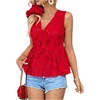 image:imageMakeMeChic Womens Boho Top Bow Tie Front Blouse Eyelet Embroidery V Neck Shirt Ruffle Hem Sleeveless Summer TopsRed