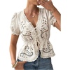 image:imageMakeMeChic Womens Boho Vacation Eyelet Embroidery Blouse Puff Sleeve Tie V Neck Shirt TopsApricot