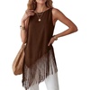 image:imageMakeMeChic Womens Crew Neck Fringe Hem Blouse Sleeveless Keyhole Back Fall Dressy Tank TopsBrown