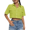 image:imageMakeMeChic Womens Cropped Button Up Shirt Short Sleeve Collar Shirts Blouse Crop TopsGreen