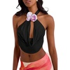 image:imageMakeMeChic Womens Draped Neck Halter Top 3D Floral Backless Sleeveless Summer Beach Vacation Crop Tank TopsBlack