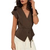 image:imageMakeMeChic Womens Fall Wrap V Neck Blouse Button Up Cap Sleeve Belted Business Dressy TopsBrown