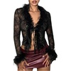 image:imageMakeMeChic Womens Faux Fur Fuzzy Long Sleeve Top Mesh Lace Open Front Y2K Tee ShirtsBlack