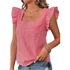 image:imageMakeMeChic Womens Gingham Top Summer Ruffle Flying Sleeve Square Neck Linen Cute Plaid Blouse ShirtsRed and White