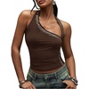 image:imageMakeMeChic Womens Halter Tops Backless Studded Asymmetrical Fitted Club Rave Grunge TankBrown