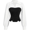 image:imageMakeMeChic Womens Long Sleeve Work Blouse Casual Color Block V Neck Split Dress ShirtBlack and White
