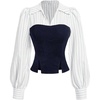 image:imageMakeMeChic Womens Long Sleeve Work Blouse Casual Color Block V Neck Split Dress ShirtBlue B