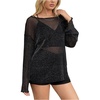 image:imageMakeMeChic Womens Mesh Sheer Bell Sleeve T Shirt Sparkly Lettuce Trim Y2k Tee TopsBlack