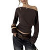image:imageMakeMeChic Womens Off The Shoulder Tops Y2k Long Sleeve Cinched Waist Knit Going Out TopCoffee Brown