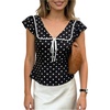 image:imageMakeMeChic Womens Polka Dots V Neck Blouse Ruffle Sleeve Bow Tie Summer TopsBlack